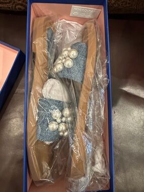 Stuart Weitzman Blue Denim Slide Sandals with Pearl Accents